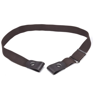 Adjustable brown buckle-free elastic belt with leather ends and silver metal snaps