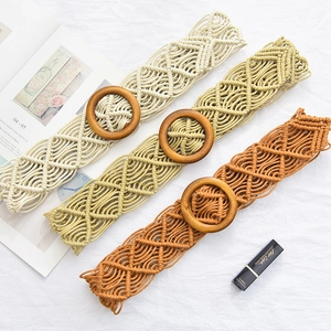 Vintage Boheemse Geweven Brede Riem Voor Dames Was Touw Decoratieve Tailleriem Met Ronde Houten Gesp Etnische Mode