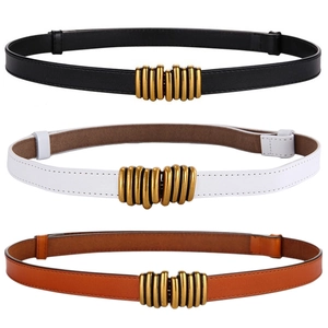 Women Genuine Leather Thin Belt Vintage Gold Multi Ring Buckle Adjustable Waist Seal For Dresses Sweaters Accessories