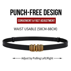 Minimalist black leather skinny belt for women with gold buckle and adjustable design