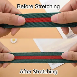 Elastic red and green striped invisible belt for jeans showing stretch before and after