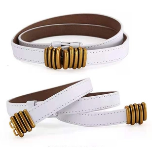 Minimalist white leather skinny belt with vintage gold textured metal buckle for women
