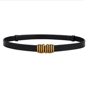 Classic black leather skinny belt for women featuring a vintage gold metal buckle