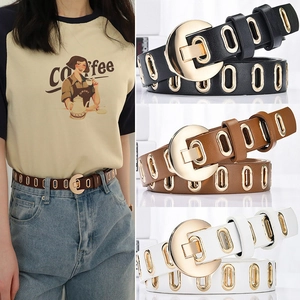 Ceinture Femme en Similicuir Avec Boucle Ronde Dorée Oeillets Métalliques Ajourés Minimalistes Sangle de Taille Réglable pour Jeans Robes