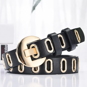 Ceinture femme en cuir noir avec œillets dorés et boucle semi-circulaire polie brillante