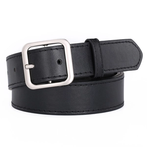 Minimalist black leather belt for women with elegant silver square metal buckle on white background