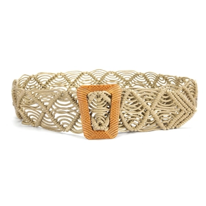 Bohemian khaki braided waist belt with a textured brown trapezoidal buckle for women