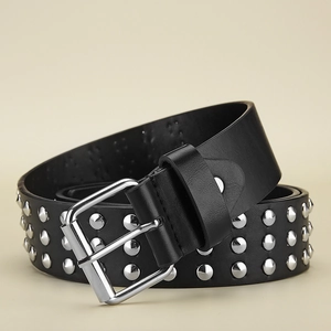 Punk black leather belt with triple row silver studs and square double pin buckle