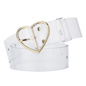 Clear PVC waist belt for women with a polished gold heart-shaped metal buckle on white background