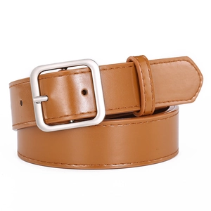 Detail of a brown leather belt with a silver square metal buckle and neat stitching