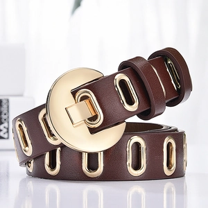 Ceinture en cuir marron foncé pour femme avec boucle ronde dorée et œillets ovales