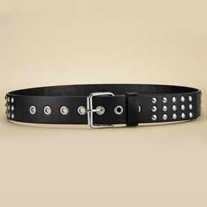 Fashion punk studded belt with three rows of silver rivets and metal pin buckle