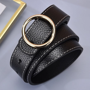 Ceinture femme en cuir noir à motif litchi avec boucle ronde dorée et surpiqûres blanches