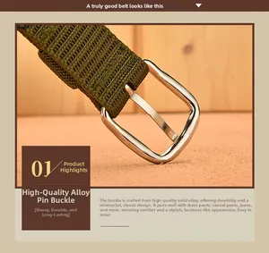 Close-up of solid alloy pin buckle and army green woven tactical belt texture