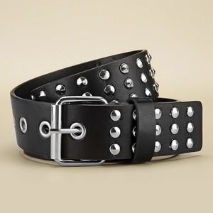Punk style black leather belt with triple-row silver metal studs and square buckle