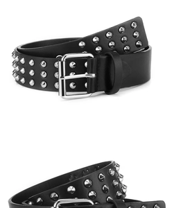Close-up detail of a black punk leather belt featuring three rows of silver metal rivets