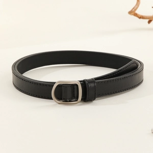 Women's minimalist black thin leather belt with a vintage silver D-shaped metal buckle