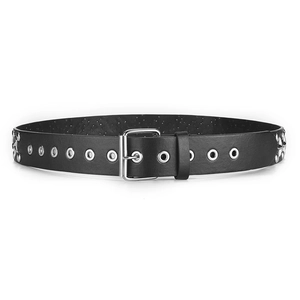 Ceinture punk en cuir noir avec double rangée d'œillets argentés et boucle ardillon carrée