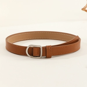 Minimalist brown leather belt for women featuring a vintage silver D-ring metal buckle