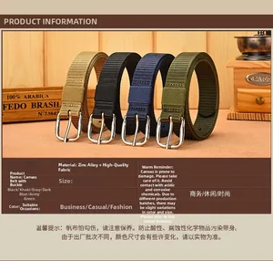 Zinc alloy buckle canvas belts in khaki, black, navy, and army green on wood background