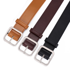 Women's vintage faux leather belts with square metal buckles in black, brown and tan