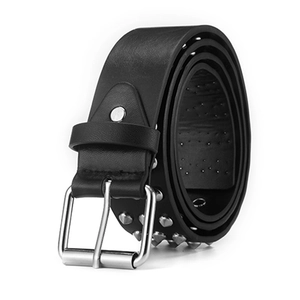 Punk style black leather belt with metal silver studs and a classic double pin buckle