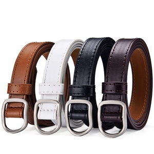 Slim minimalist leather belts for women in black, brown, and white with silver metal buckles