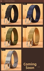 Detail showing five colors of woven nylon belts with classic silver metal pin buckles