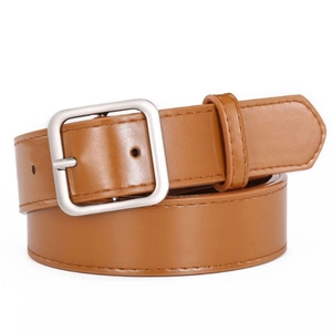 Classic brown leather belt for women featuring a matte silver square pin buckle and stitching