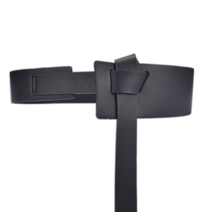 Women's wide black leather corset belt with tie-knot design for dresses and shirts
