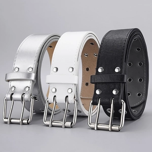 Punk style double grommet belt with silver twin prong buckle in black white and silver