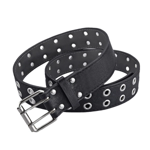 Punk style black faux leather belt with double grommets and silver double pin buckle