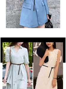 Detailed views of slim black and brown leather belts on dresses and blazers