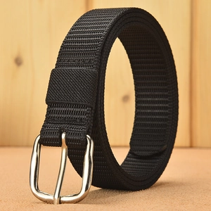 Black woven canvas belt for women featuring a polished silver metal pin buckle for casual wear