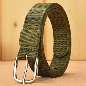 Army green woven canvas belt with polished silver pin buckle for outdoor casual wear