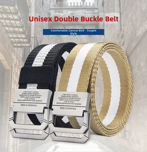 Close-up of canvas belts with double D-ring buckles in black and khaki color styles