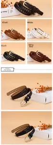 Vue détaillée de fines ceintures en cuir colorées avec trous ronds et boucles en métal