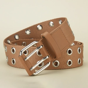 Tan canvas belt with double prong buckle and two rows of silver metal eyelets