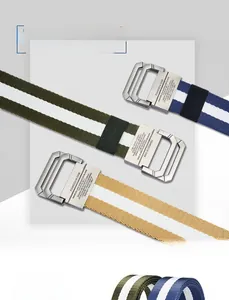 Close-up of double D-ring alloy buckle and striped canvas belt with fine weave texture