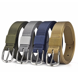 Women's woven canvas belts with silver pin buckles in olive, grey, navy, and khaki colors