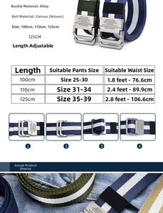 Detailed size guide for canvas belts with double d-ring buckles and alloy hardware