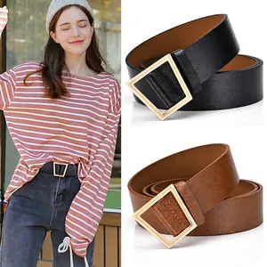 Ceinture de Mode en Cuir PU pour Femmes Boucle Trapézoïdale Dorée Minimaliste Sans Trous Décontractée Couleur Unie Accessoire