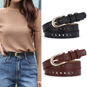 Ceinture Femme en Simili Cuir Ajourée Mode Sangle Taille Mince Boucle Fer à Cheval Or pour Robe Jeans Réglable