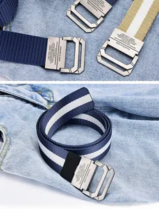 Detail of high-density canvas belt with double D-ring brushed metal buckle