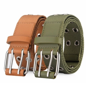 Unisex canvas belts in khaki and green with double-pin metal buckles and grommets