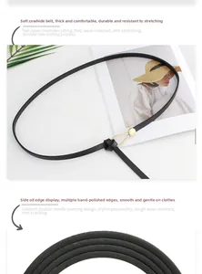 Detail of slim black leather belt with gold metal hook buckle and hand-polished edges