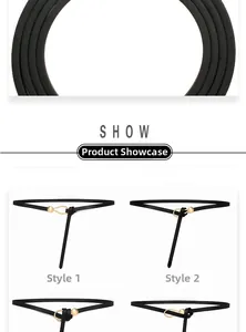 Detail showing four different ways to tie a black slim waist belt with a gold round buckle