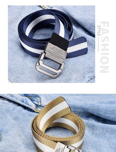Detail of blue, white, and khaki striped canvas belts with metal D-ring buckles