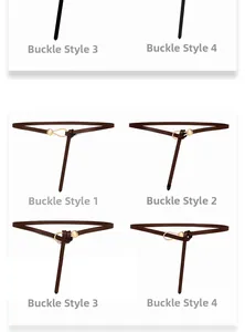 Detail showing four stylish knotting methods for the slim dark brown leather waist belt