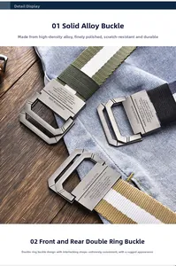 Detail of solid alloy double ring buckles on durable canvas web belts in multiple colors